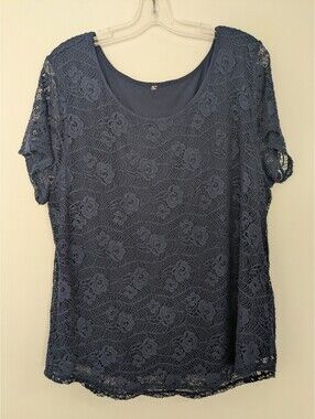 Women Navy Blue Floral Lace Top Lined Short Sleeve Blouse Shirt Size XXL